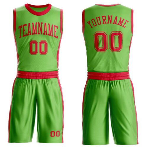 Custom Neon Green Red Round Neck Suit Basketball Jersey