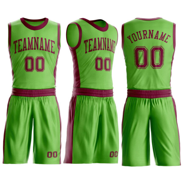 Custom Neon Green Maroon Round Neck Suit Basketball Jersey