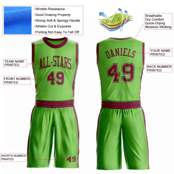 Custom Neon Green Maroon Round Neck Suit Basketball Jersey