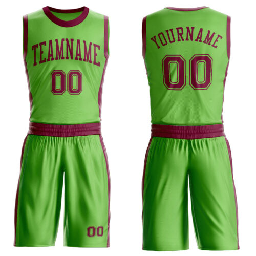 Custom Neon Green Maroon Round Neck Suit Basketball Jersey