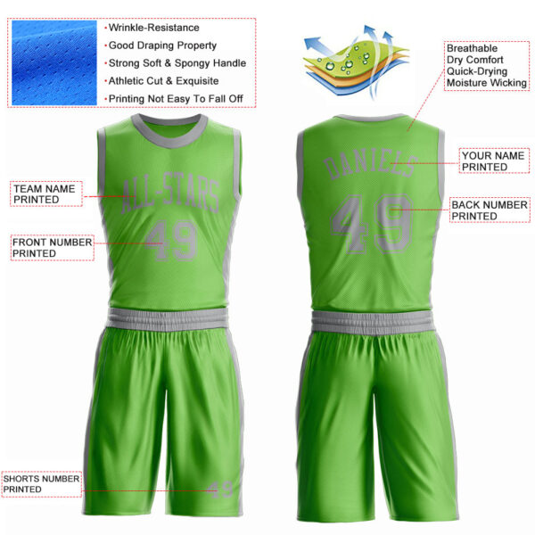 Custom Neon Green Gray Round Neck Suit Basketball Jersey