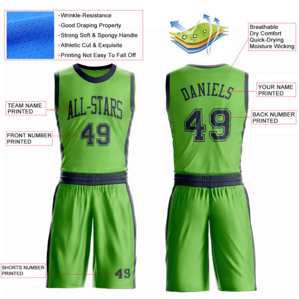 Custom Neon Green Navy Round Neck Suit Basketball Jersey