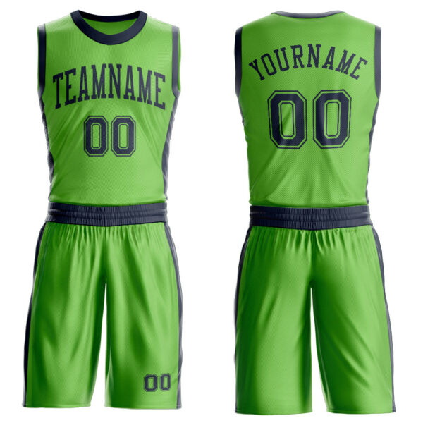 Custom Neon Green Navy Round Neck Suit Basketball Jersey