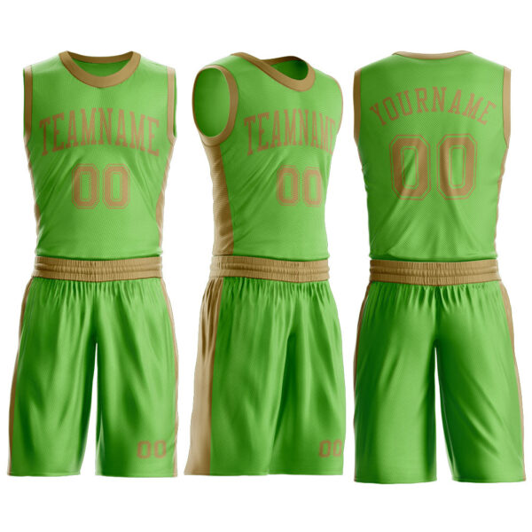 Custom Neon Green Old Gold Round Neck Suit Basketball Jersey