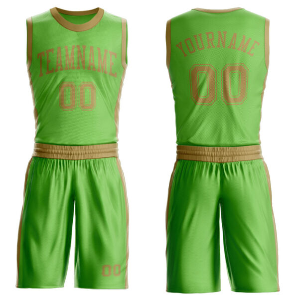 Custom Neon Green Old Gold Round Neck Suit Basketball Jersey