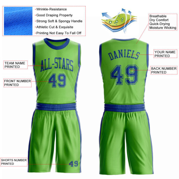 Custom Neon Green Royal Round Neck Suit Basketball Jersey