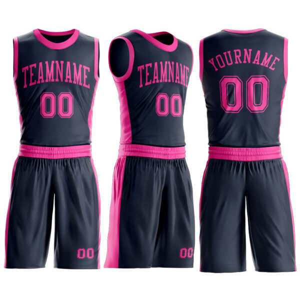 Custom Navy Pink Round Neck Suit Basketball Jersey