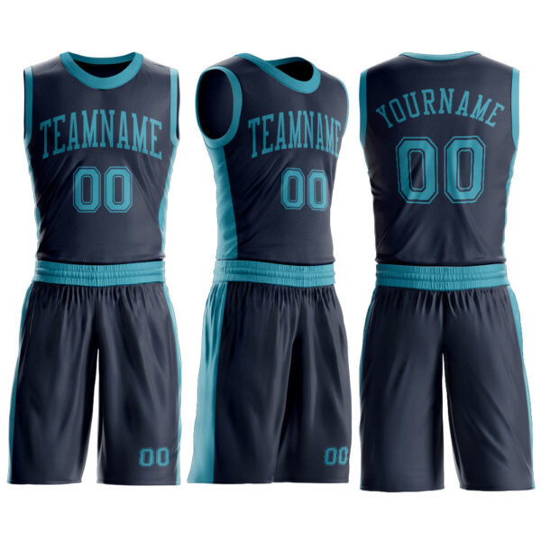 Custom Navy Teal Round Neck Suit Basketball Jersey