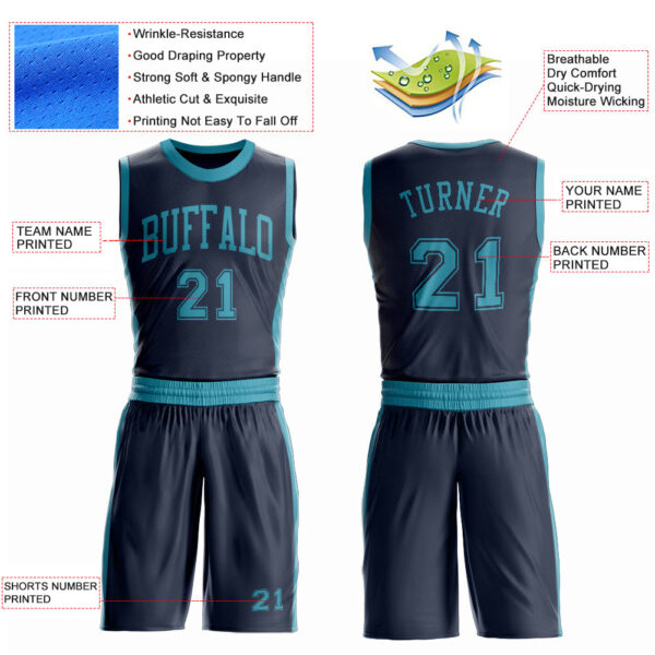 Custom Navy Teal Round Neck Suit Basketball Jersey