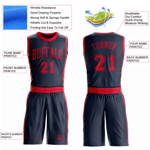 Custom Navy Red Round Neck Suit Basketball Jersey