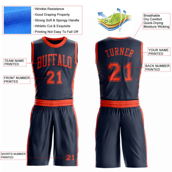 Custom Navy Orange Round Neck Suit Basketball Jersey