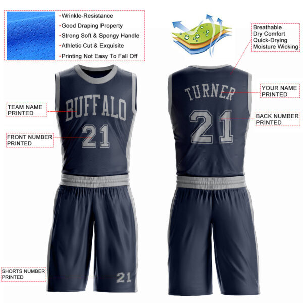 Custom Navy Gray Round Neck Suit Basketball Jersey