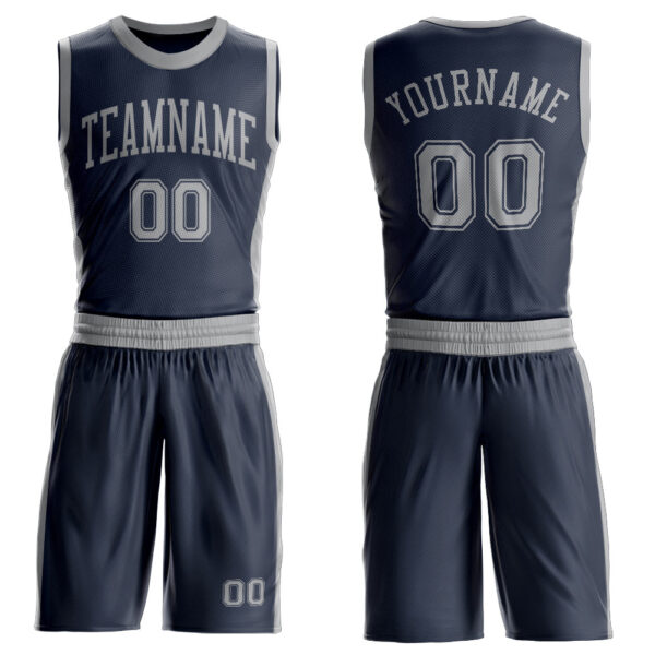Custom Navy Gray Round Neck Suit Basketball Jersey