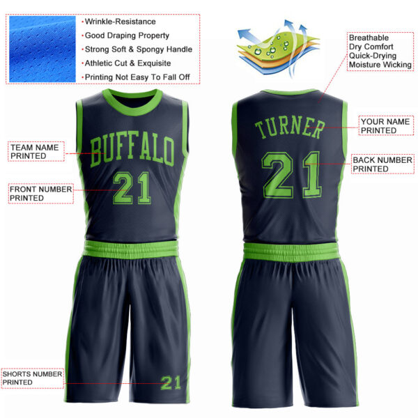 Custom Navy Neon Green Round Neck Suit Basketball Jersey