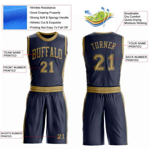 Custom Navy Old Gold Round Neck Suit Basketball Jersey