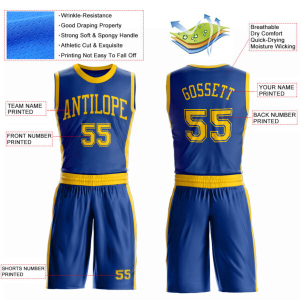 Custom Royal Gold Round Neck Suit Basketball Jersey
