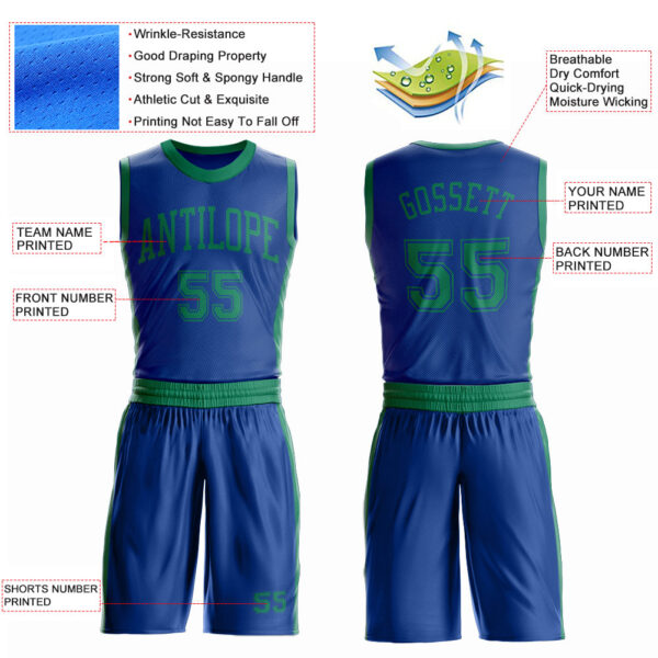 Custom Royal Kelly Green Round Neck Suit Basketball Jersey