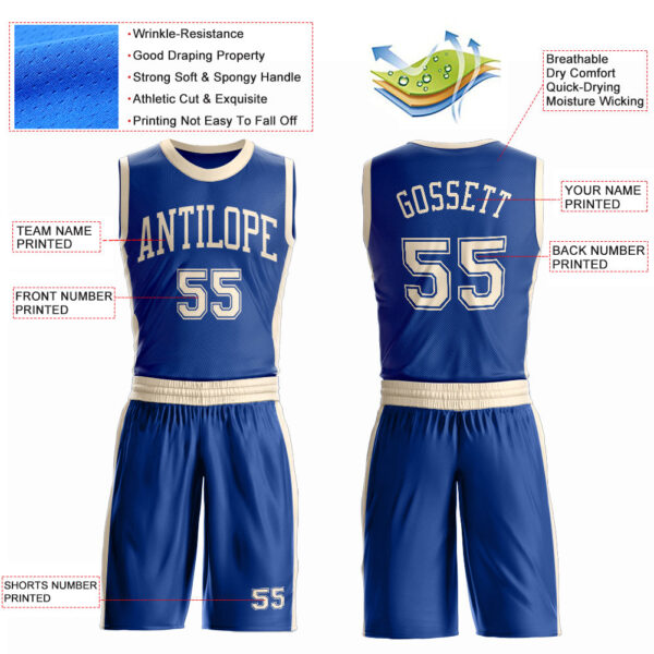 Custom Royal Cream Round Neck Suit Basketball Jersey