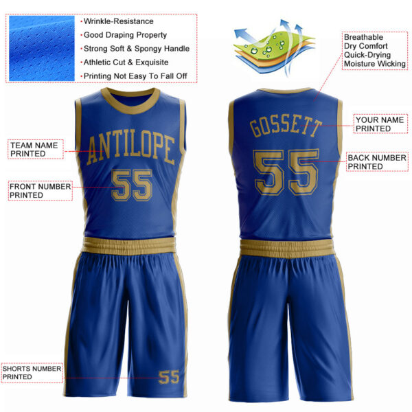 Custom Royal Old Gold Round Neck Suit Basketball Jersey