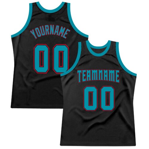 Black0292 Custom Black Teal-Red Authentic Throwback Basketball Jersey