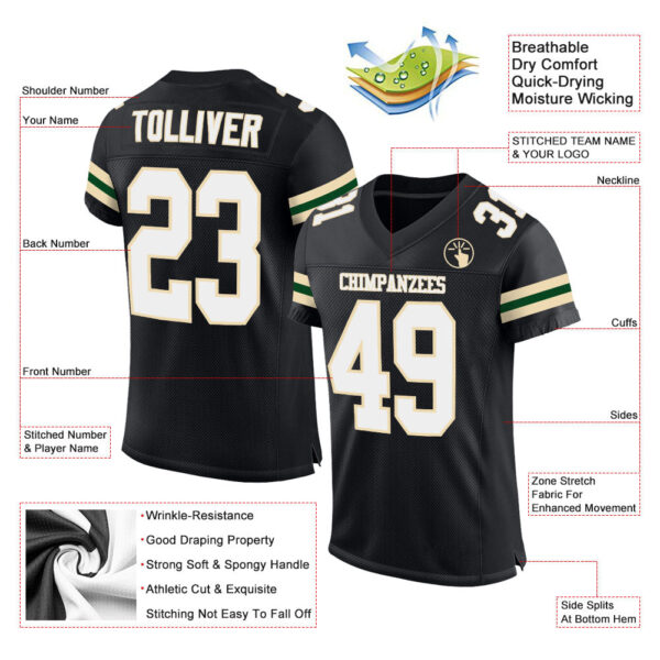Black0560-1 Custom Black White-Cream Mesh Authentic Football Jersey