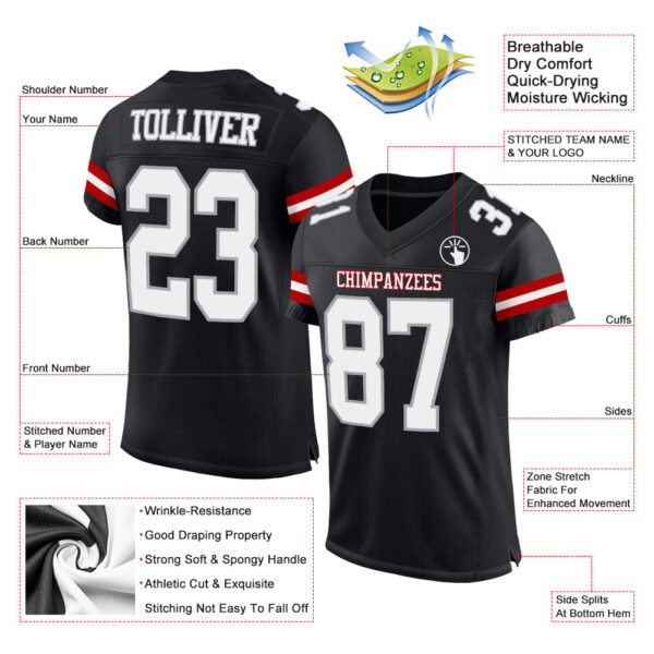 Black0699-1 Custom Black White-Gray Mesh Authentic Football Jersey