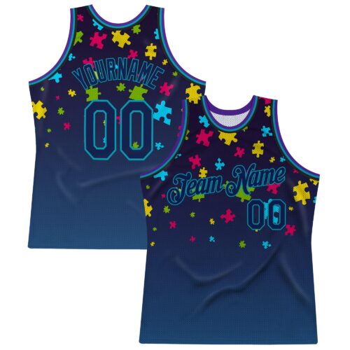 Custom Black Navy-Teal 3D Pattern Design Autism Supporter Awareness Puzzle Pieces Authentic Basketball Jersey