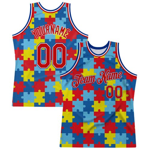 Custom Black Red-Royal 3D Pattern DesignAutism Supporter Awareness Puzzle Pieces Authentic Basketball Jersey