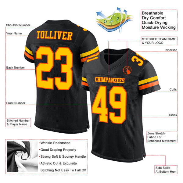 Black1603-1 Custom Black Yellow-Orange Mesh Authentic Football Jersey