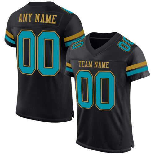 Black1612 Custom Black Teal-Old Gold Mesh Authentic Football Jersey