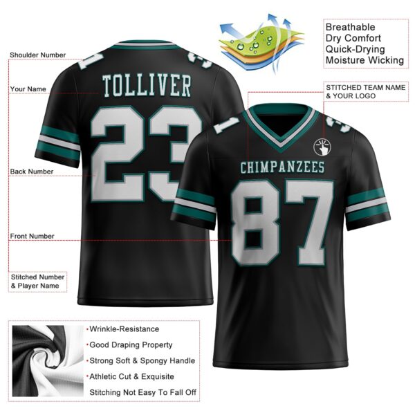 Custom Black White Gray-Midnight Green Authentic Football Jersey