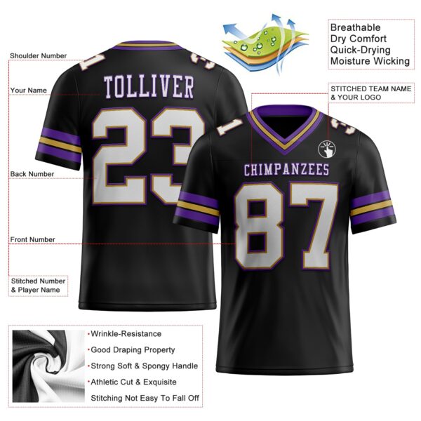 Custom Black White Old Gold-Purple Authentic Football Jersey