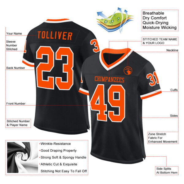 Black2239-1 Custom Black Orange-White Mesh Authentic Throwback Football Jersey