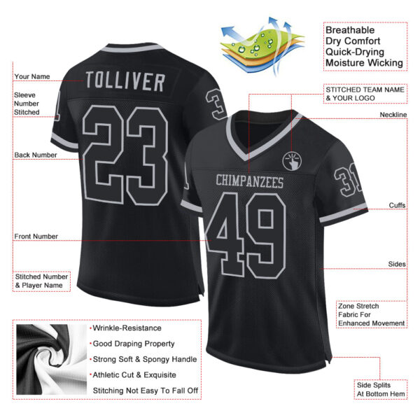 Black2242-1 Custom Black Gray Mesh Authentic Throwback Football Jersey