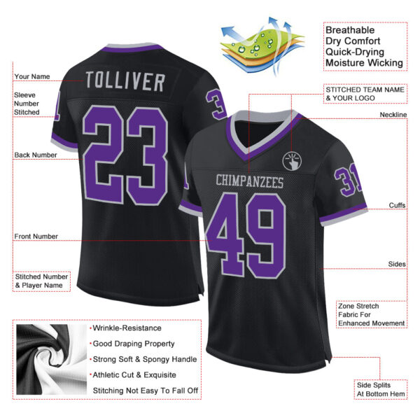 Black2244-1 Custom Black Purple-Gray Mesh Authentic Throwback Football Jersey