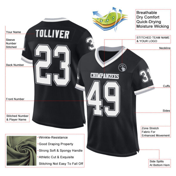 Black2245-1 Custom Black White-Gray Mesh Authentic Throwback Football Jersey