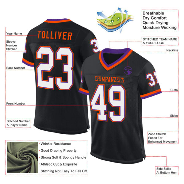 Black2247-1 Custom Black Purple-Orange Mesh Authentic Throwback Football Jersey