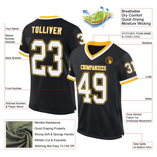 Black2248-1 Custom Black White-Gold Mesh Authentic Throwback Football Jersey