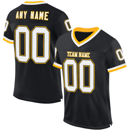 Black2248 Custom Black White-Gold Mesh Authentic Throwback Football Jersey