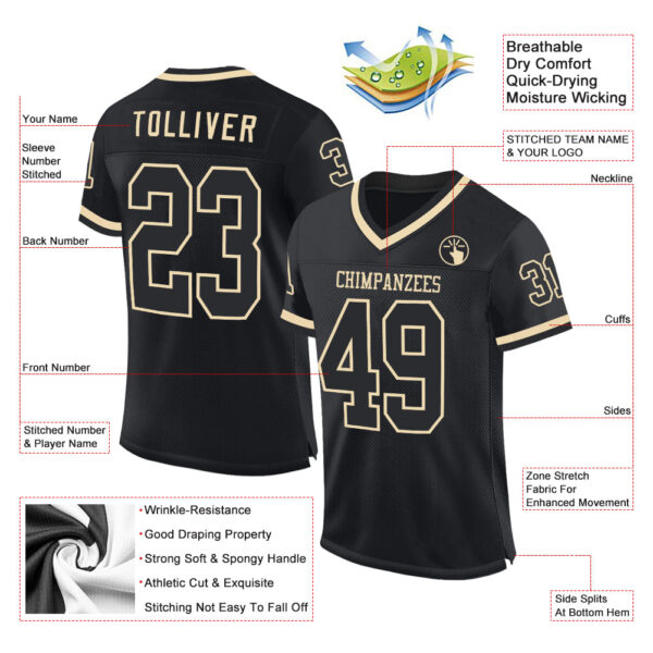 Black2252-1 Custom Black Cream Mesh Authentic Throwback Football Jersey