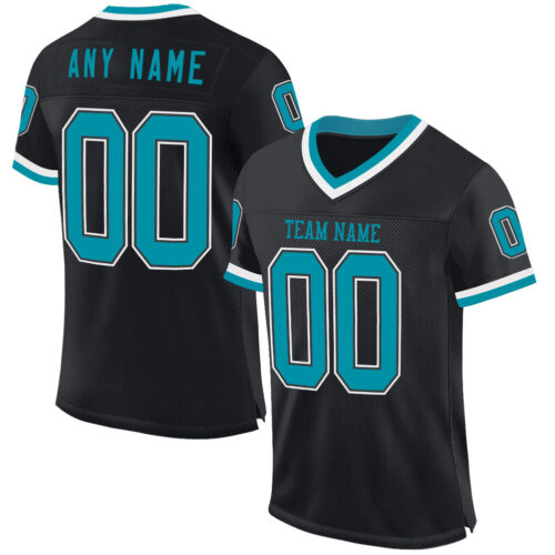 Black2257 Custom Black Teal-White Mesh Authentic Throwback Football Jersey