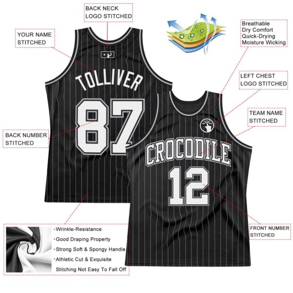 Custom Black Gray Pinstripe White Authentic Basketball Jersey