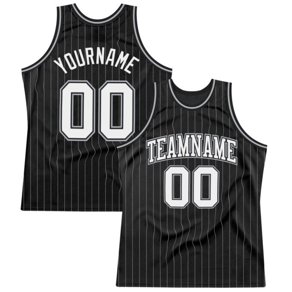 Custom Black Gray Pinstripe White Authentic Basketball Jersey
