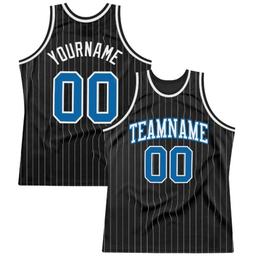 Custom Black White Pinstripe Blue Authentic Basketball Jersey