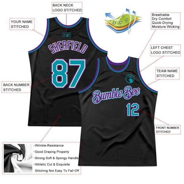 Custom Black Teal-Purple Authentic Throwback Basketball Jersey