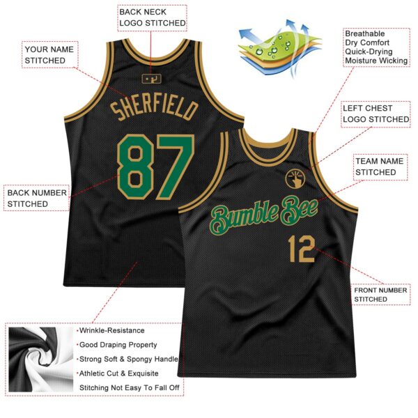 Custom Black Kelly Green-Old Gold Authentic Throwback Basketball Jersey