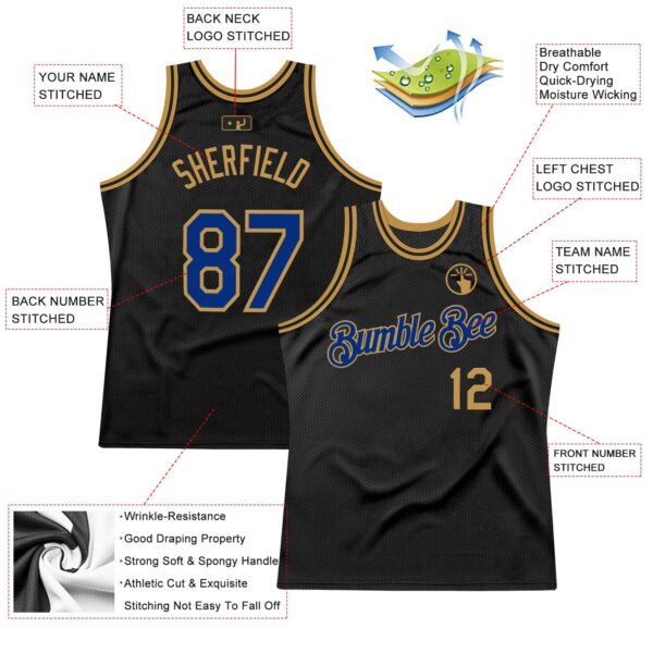 Custom Black Royal-Old Gold Authentic Throwback Basketball Jersey
