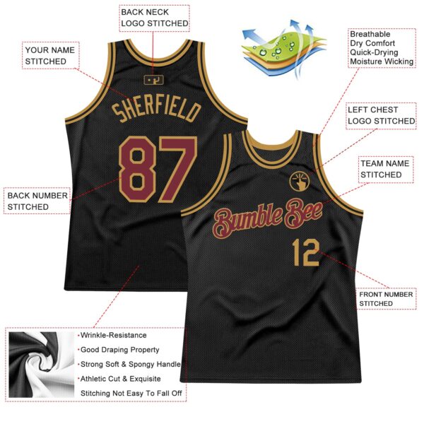 Custom Black Burgundy-Old Gold Authentic Throwback Basketball Jersey