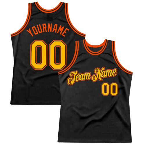 Black2590 Custom Black Gold-Orange Authentic Throwback Basketball Jersey