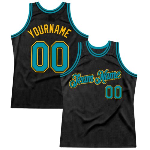 Black2596 Custom Black Teal-Gold Authentic Throwback Basketball Jersey